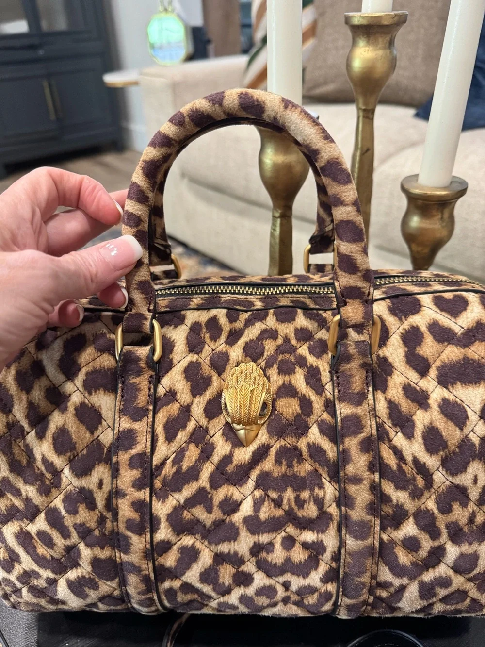 Kurt Geiger Kensington Leopard Boston Quilted Barrel Bag Purse-  Gold Hardware